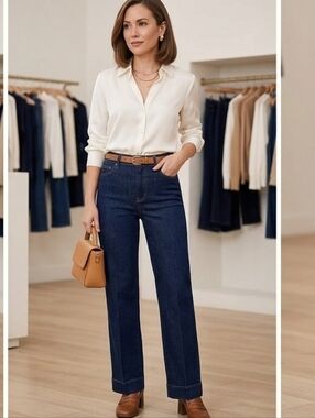 ​LOFT Ann Taylor Dark Wash Trouser Jeans High Rise Wide Leg Denim Size 6P Petite